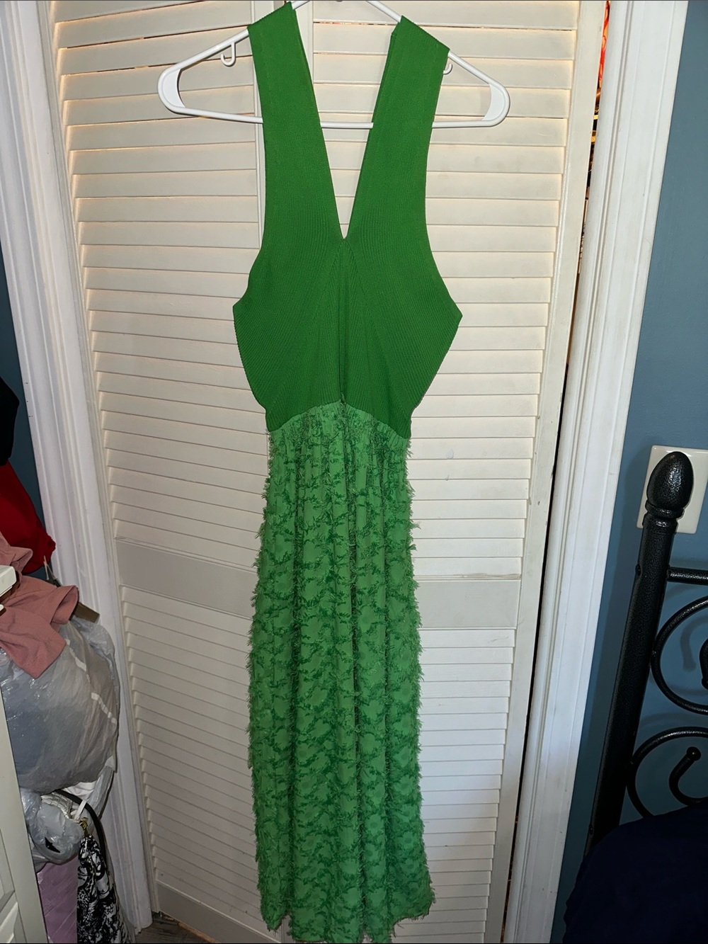 Current Air Bright Green Ribbed Bodice Maxi Dress with Textured Skirt